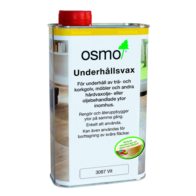 Rektangulär plåtburk med röd kork, etikett med texten Osmo Underhållsvax 3087 Vit och bilder av trägolv.